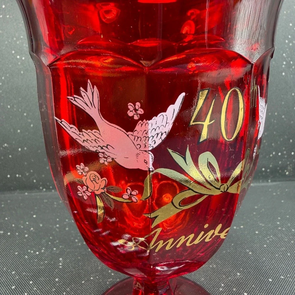 Viking Glass Ruby Red 40th Anniversary Candy Dish with Lid Doves Vintage 9 inch